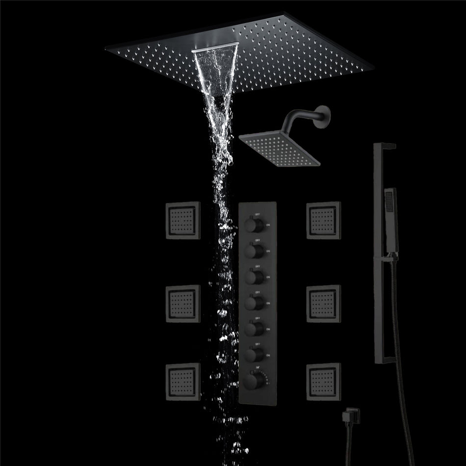 20 inch  flush-mount or ceiling mount rainfall waterfall shower systems 6 way thermostatic valve with 6 body jets and sliding bar and  regular head