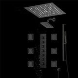 12 inch  flush-mount rainfall Mist shower systems 6 way thermostatic valve with 6 body jets and sliding bar and  regular head