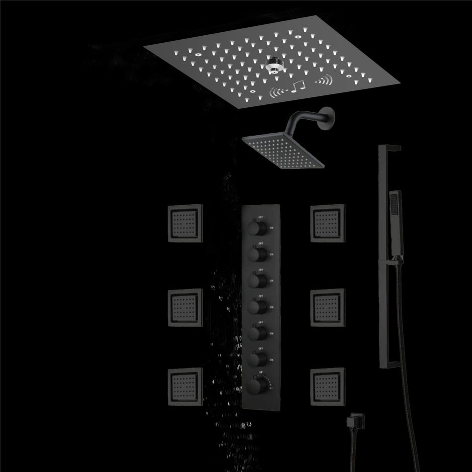 12 inch  flush-mount rainfall Mist shower systems 6 way thermostatic valve with 6 body jets and sliding bar and  regular head