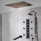 20-Inch or 24-Inch Matte Black Flush Mount Rainfall Waterfall Shower System: Complete with 6-Way Thermostatic Valve and 6 Body Jets,Sliding Bar,Regular Head and Tub Spout