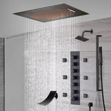 20-Inch or 24-Inch Matte Black Flush Mount Rainfall Waterfall Shower System: Complete with 6-Way Thermostatic Valve and 6 Body Jets,Sliding Bar,Regular Head and Tub Spout