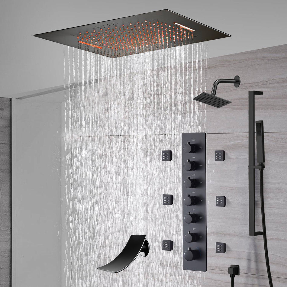 20-Inch or 24-Inch Matte Black Flush Mount Rainfall Waterfall Shower System: Complete with 6-Way Thermostatic Valve and 6 Body Jets,Sliding Bar,Regular Head and Tub Spout