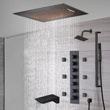 20-Inch or 24-Inch Matte Black Flush Mount Rainfall Waterfall Shower System: Complete with 6-Way Thermostatic Valve and 6 Body Jets,Sliding Bar,Regular Head and Tub Spout