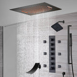 20-Inch or 24-Inch Matte Black Flush Mount Rainfall Waterfall Shower System: Complete with 6-Way Thermostatic Valve and 6 Body Jets,Sliding Bar,Regular Head and Tub Spout