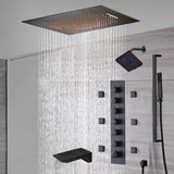 20-Inch or 24-Inch Matte Black Flush Mount Rainfall Waterfall Shower System: Complete with 6-Way Thermostatic Valve and 6 Body Jets,Sliding Bar,Regular Head and Tub Spout