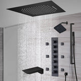 20-Inch or 24-Inch Matte Black Flush Mount Rainfall Waterfall Shower System: Complete with 6-Way Thermostatic Valve and 6 Body Jets,Sliding Bar,Regular Head and Tub Spout