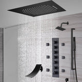 20-Inch or 24-Inch Matte Black Flush Mount Rainfall Waterfall Shower System: Complete with 6-Way Thermostatic Valve and 6 Body Jets,Sliding Bar,Regular Head and Tub Spout