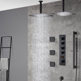 Matte Black Ceiling-Mounted 4-Way Digital Thermostatic Shower System with Dual Rainfall Heads 12'' or 16''