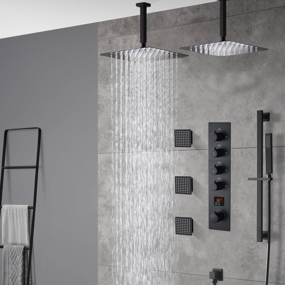 Matte Black Ceiling-Mounted 4-Way Digital Thermostatic Shower System with Dual Rainfall Heads 12'' or 16''