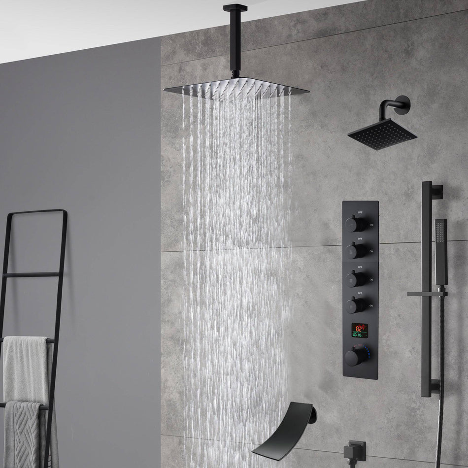 Matte Black Ceiling-Mounted 4-Way Digital Thermostatic Shower System with Regular and Rainfall Heads 12'' or 16'' And Tub Spout