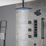 Matte Black Ceiling-Mounted 4-Way Digital Thermostatic Shower System with Regular and Rainfall Heads 12'' or 16'', Optional LED Light Feature