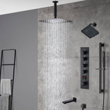 Matte Black Ceiling-Mounted 4-Way Digital Thermostatic Shower System with Regular and Rainfall Heads 12'' or 16'' And Tub Spout