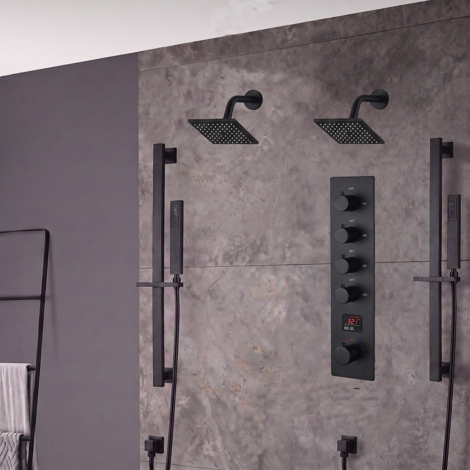 Wall Mount 6 inch Regular Heads 4 way digital display thermostatic shower faucet with Dual Handle Wands