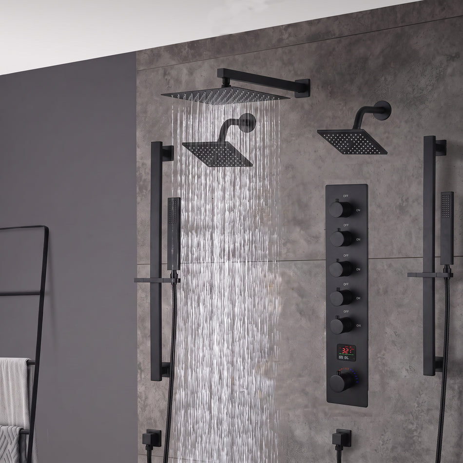 Brushed gold Wall Mount  12 inch or 16 inch rain head 5 way digital display thermostatic shower faucet with Dual Regular heads