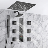 12 inch  flush-mount rainfall Mist shower systems 6 way thermostatic valve with 6 body jets and sliding bar and  regular head
