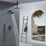matte black ceiling mount 12 inch or 16 inch rain head 3 way  thermostatic shower faucet with Regular head wall mount