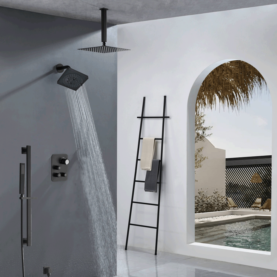 matte black ceiling mount 12 inch or 16 inch rain head 3 way  thermostatic shower faucet with Regular head wall mount