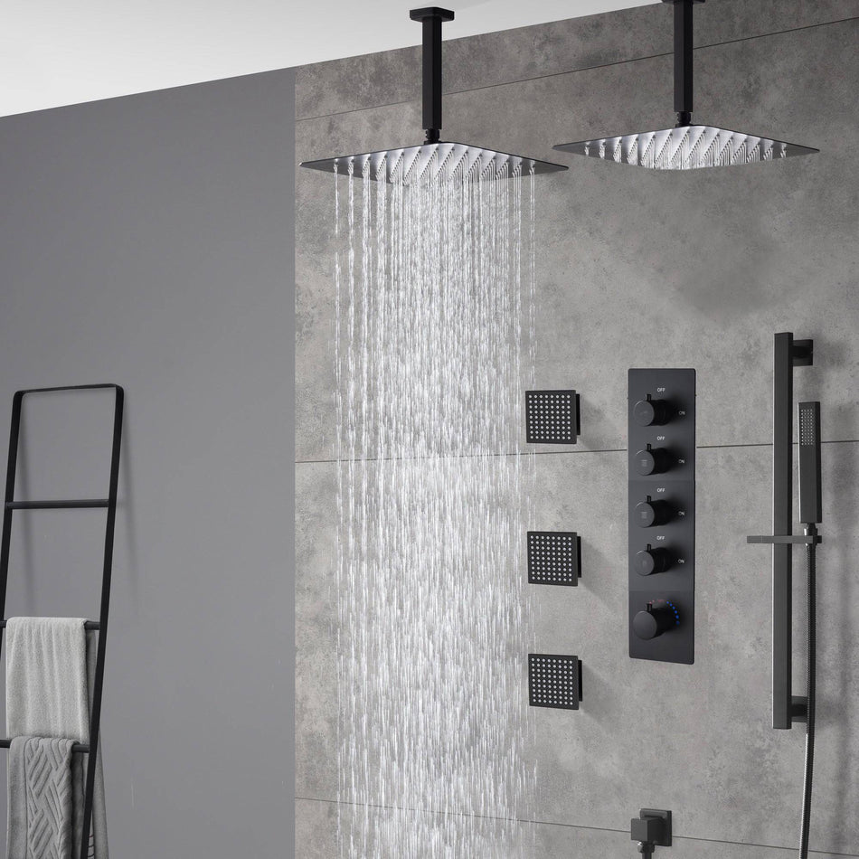 Matte Black Ceiling-Mounted 4-Way Digital Thermostatic Shower System with Dual Rainfall Heads 12'' or 16''