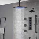 Matte Black Ceiling-Mounted 4-Way Digital Thermostatic Shower System with Regular and Rainfall Heads 12'' or 16'', Optional LED Light Feature
