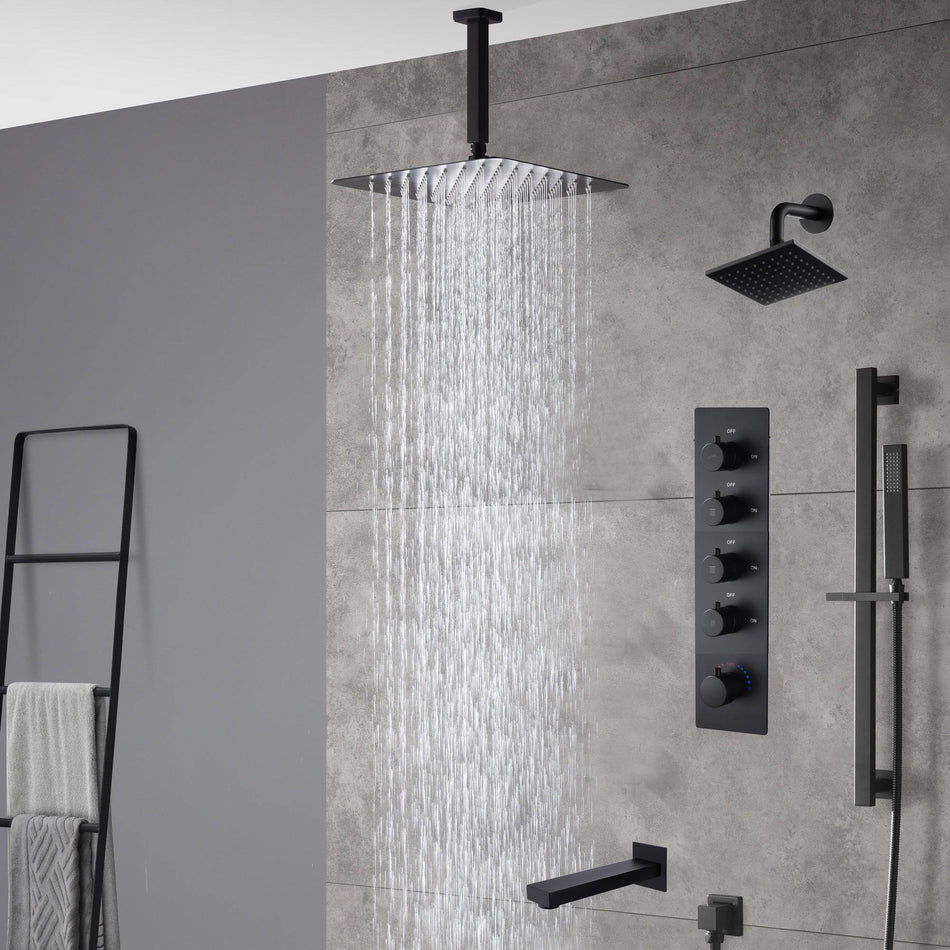 Matte Black Ceiling-Mounted 4-Way Thermostatic Shower System with Regular and Rainfall Heads 12'' or 16'' And Tub Spout