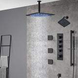 Matte Black Ceiling-Mounted 4-Way Digital Thermostatic Shower System with Regular and Rainfall Heads 12'' or 16'', Optional LED Light Feature