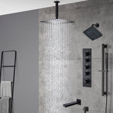 Matte Black Ceiling-Mounted 4-Way Thermostatic Shower System with Regular and Rainfall Heads 12'' or 16'' And Tub Spout