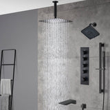 Matte Black Ceiling-Mounted 4-Way Thermostatic Shower System with Regular and Rainfall Heads 12'' or 16'' And Tub Spout