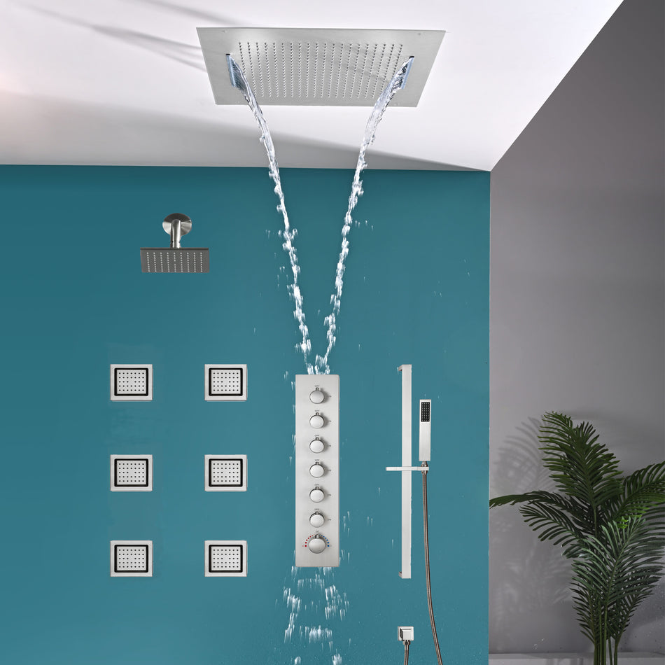 20 inch  flush-mount or ceiling mount rainfall waterfall shower systems 6 way thermostatic valve with 6 body jets and sliding bar and  regular head
