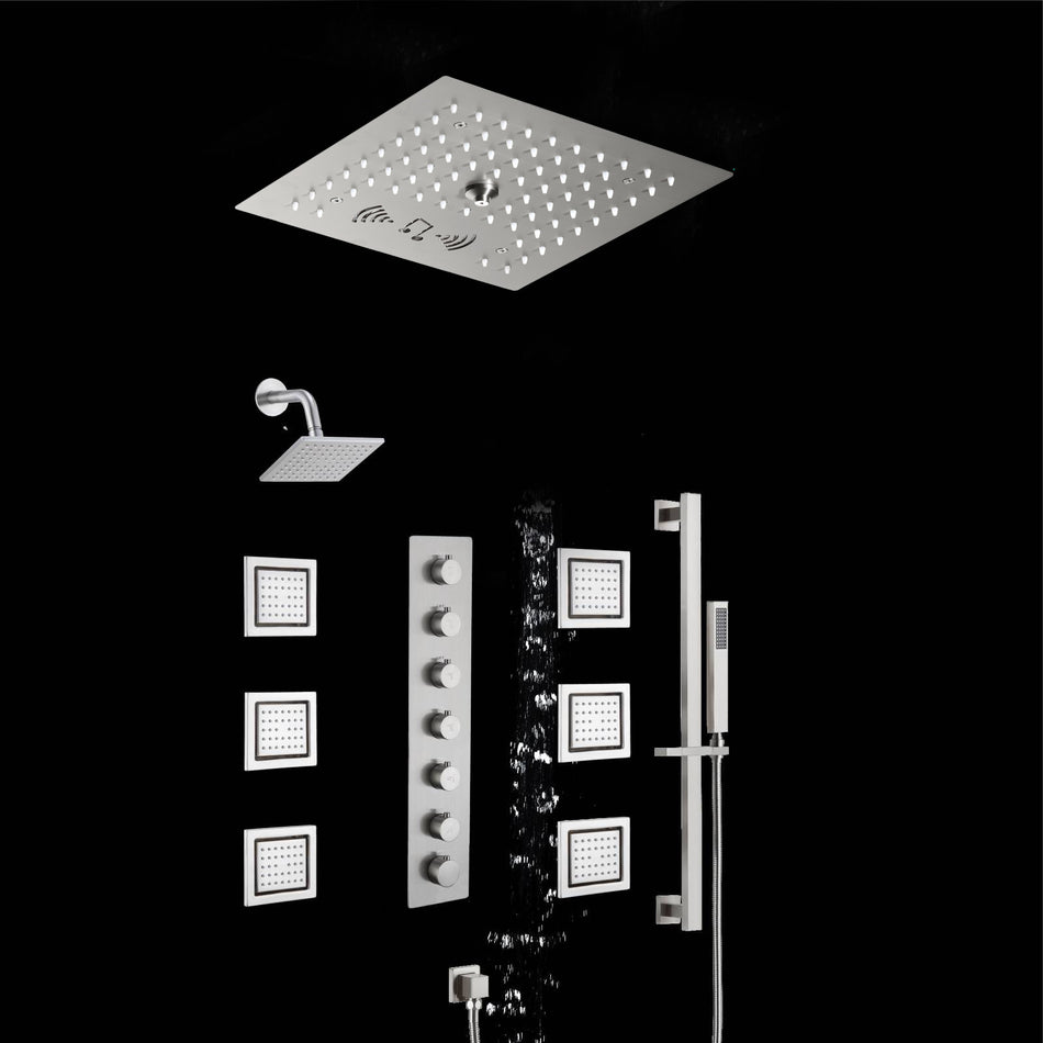 12 inch  flush-mount rainfall Mist shower systems 6 way thermostatic valve with 6 body jets and sliding bar and  regular head