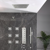 16 inch  flush-mount or ceiling mount rainfall waterfall shower systems 6 way thermostatic valve with 6 body jets and sliding bar and  regular head
