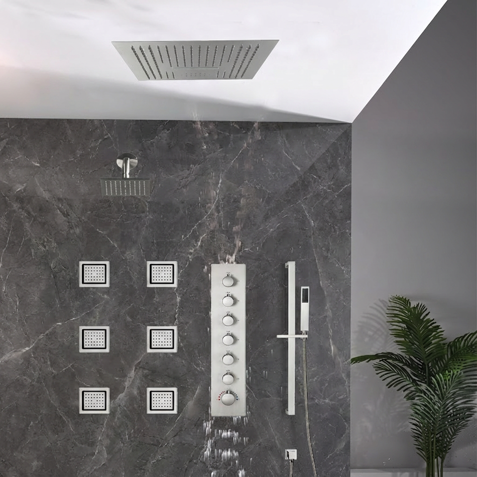 16 inch  flush-mount or ceiling mount rainfall waterfall shower systems 6 way thermostatic valve with 6 body jets and sliding bar and  regular head