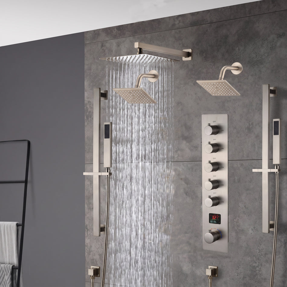 Brushed gold Wall Mount  12 inch or 16 inch rain head 5 way digital display thermostatic shower faucet with Dual Regular heads