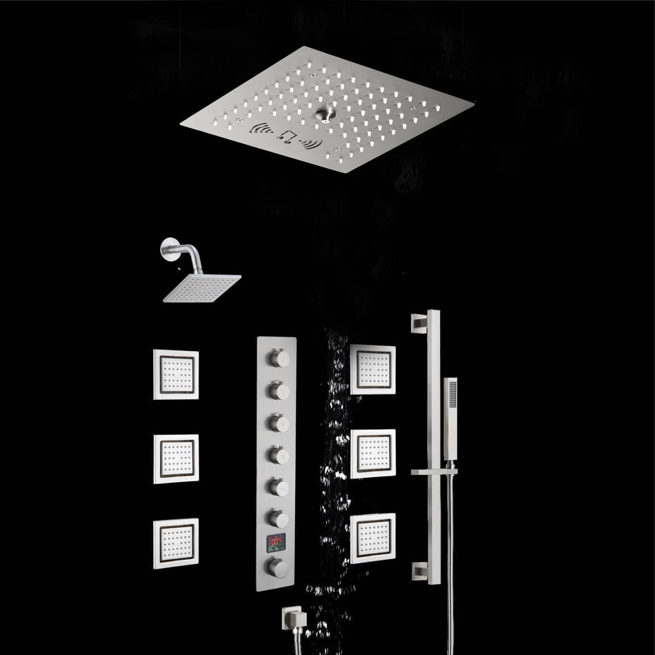 12 inch  flush-mount rainfall Mist shower systems 6 way thermostatic valve with 6 body jets and sliding bar and  regular head