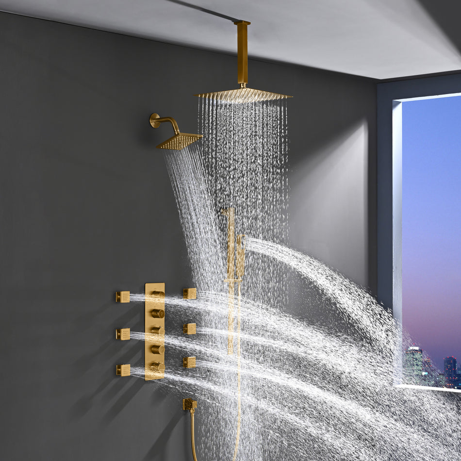 4-Way Thermostatic Shower System with 12" Rainfall Head, 6 Body Jets, Hand Shower & Slide Bar, Available in Champagne Bronze / Brushed Gold / Brushed Nickel