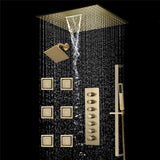 20 inch  flush-mount or ceiling mount rainfall waterfall shower systems 6 way thermostatic valve with 6 body jets and sliding bar and  regular head