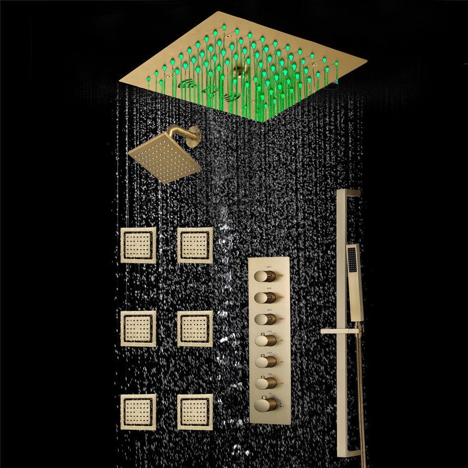 12 inch  flush-mount rainfall Mist shower systems 6 way thermostatic valve with 6 body jets and sliding bar and  regular head