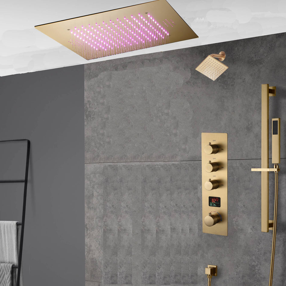 20 inch ceiling or flush mount Brushed gold 3 way digital display thermostatic shower faucet with high pressure 6 '' head  and handle sprayer