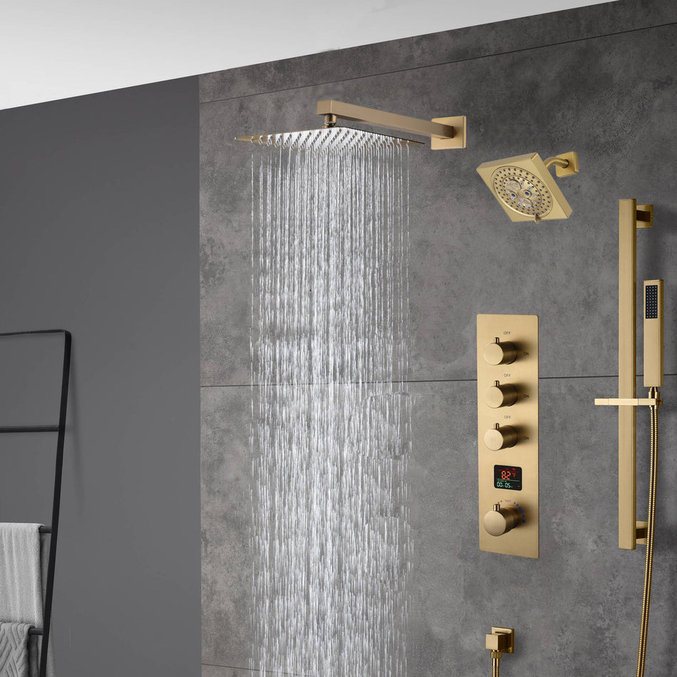 Brushed Gold rainfall shower head high pressure shower head 3 way digital display thermostatic valve shower heads systems each function work at the same time and separately