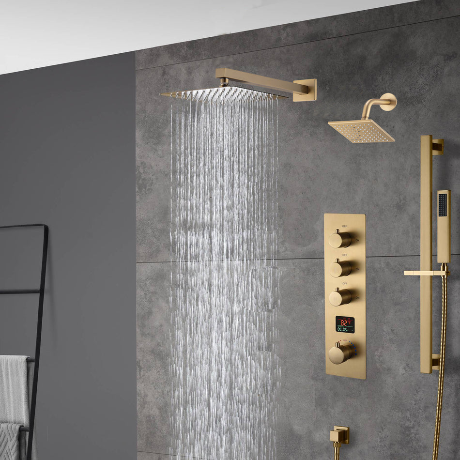 Brushed Gold rainfall shower head high pressure shower head 3 way digital display thermostatic valve shower heads systems each function work at the same time and separately