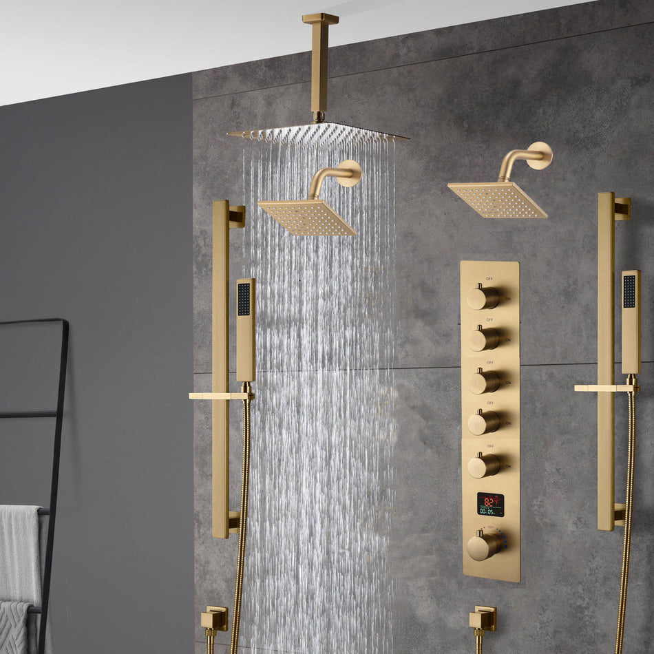Brushed gold  12 inch or 16 inch rain head 5 way digital display thermostatic shower faucet with Dual Regular heads