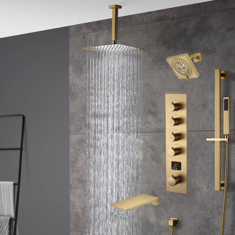 Brushed gold  12 inch or 16 inch rain head 4 way digital display thermostatic shower faucet with Regular head and Tub Spout