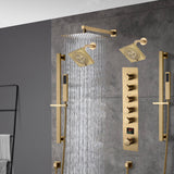 Brushed gold Wall Mount  12 inch or 16 inch rain head 5 way digital display thermostatic shower faucet with Dual Regular heads