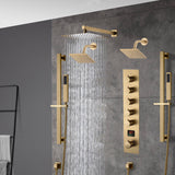 Brushed gold Wall Mount  12 inch or 16 inch rain head 5 way digital display thermostatic shower faucet with Dual Regular heads
