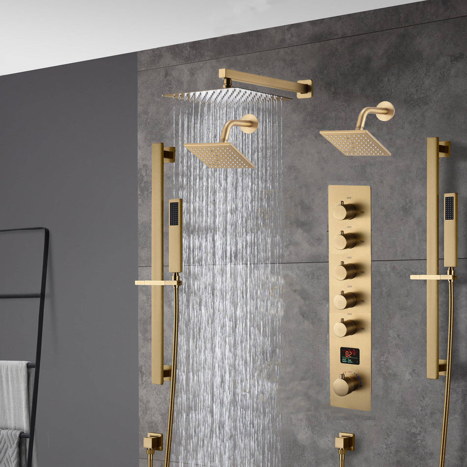 Brushed gold Wall Mount  12 inch or 16 inch rain head 5 way digital display thermostatic shower faucet with Dual Regular heads