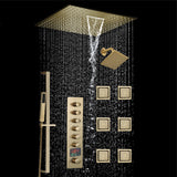 20 inch  flush-mount or ceiling mount rainfall waterfall shower systems 6 way thermostatic valve with 6 body jets and sliding bar and  regular head