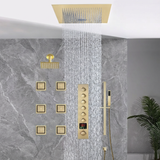 16 inch  flush-mount or ceiling mount rainfall waterfall shower systems 6 way thermostatic valve with 6 body jets and sliding bar and  regular head