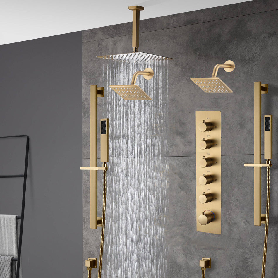 Brushed gold  12 inch or 16 inch rain head 5 way digital display thermostatic shower faucet with Dual Regular heads