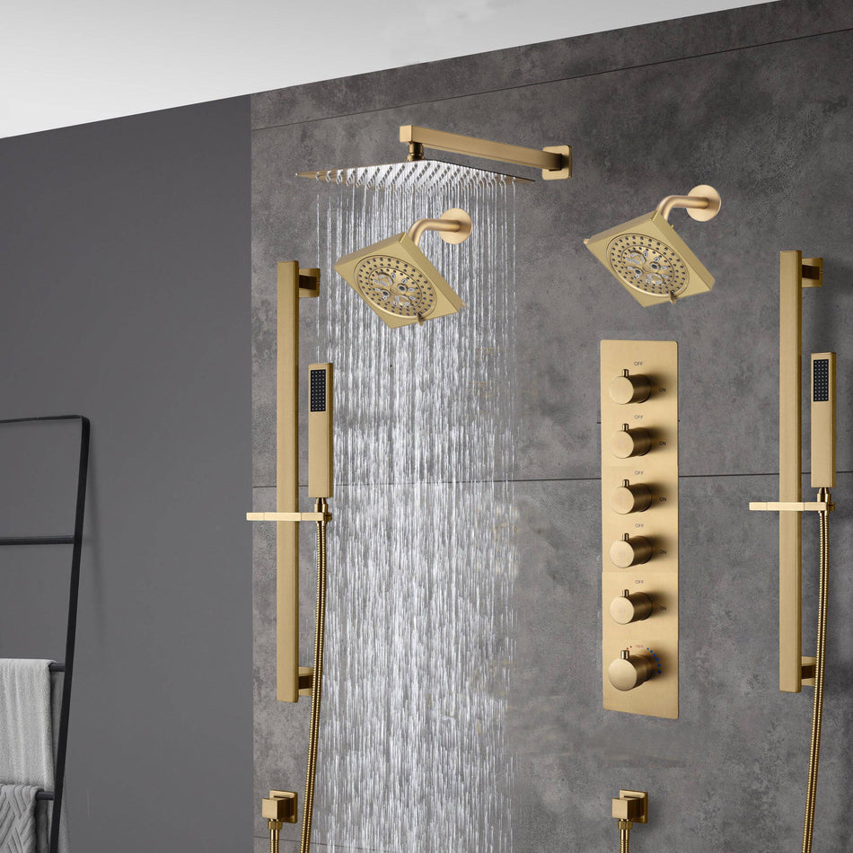 Brushed gold Wall Mount  12 inch or 16 inch rain head 5 way digital display thermostatic shower faucet with Dual Regular heads