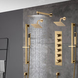 Brushed gold Wall Mount  12 inch or 16 inch rain head 5 way digital display thermostatic shower faucet with Dual Regular heads