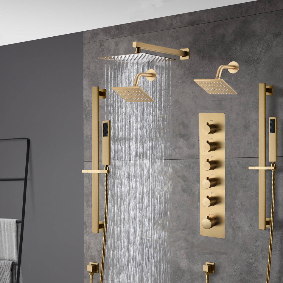 Brushed gold Wall Mount  12 inch or 16 inch rain head 5 way digital display thermostatic shower faucet with Dual Regular heads